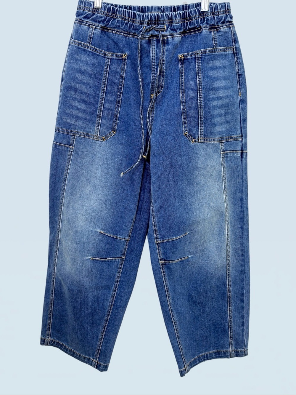 NWT Curved Barrel Leg Horseshoe Denim Cropped Drawstring Jeans M FLAMINGALS - Picture 7 of 12